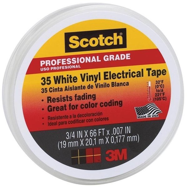 Scotch Electrical Tape, 66 ft L, 34 in W, PVC Backing, White 10828-DL-2W